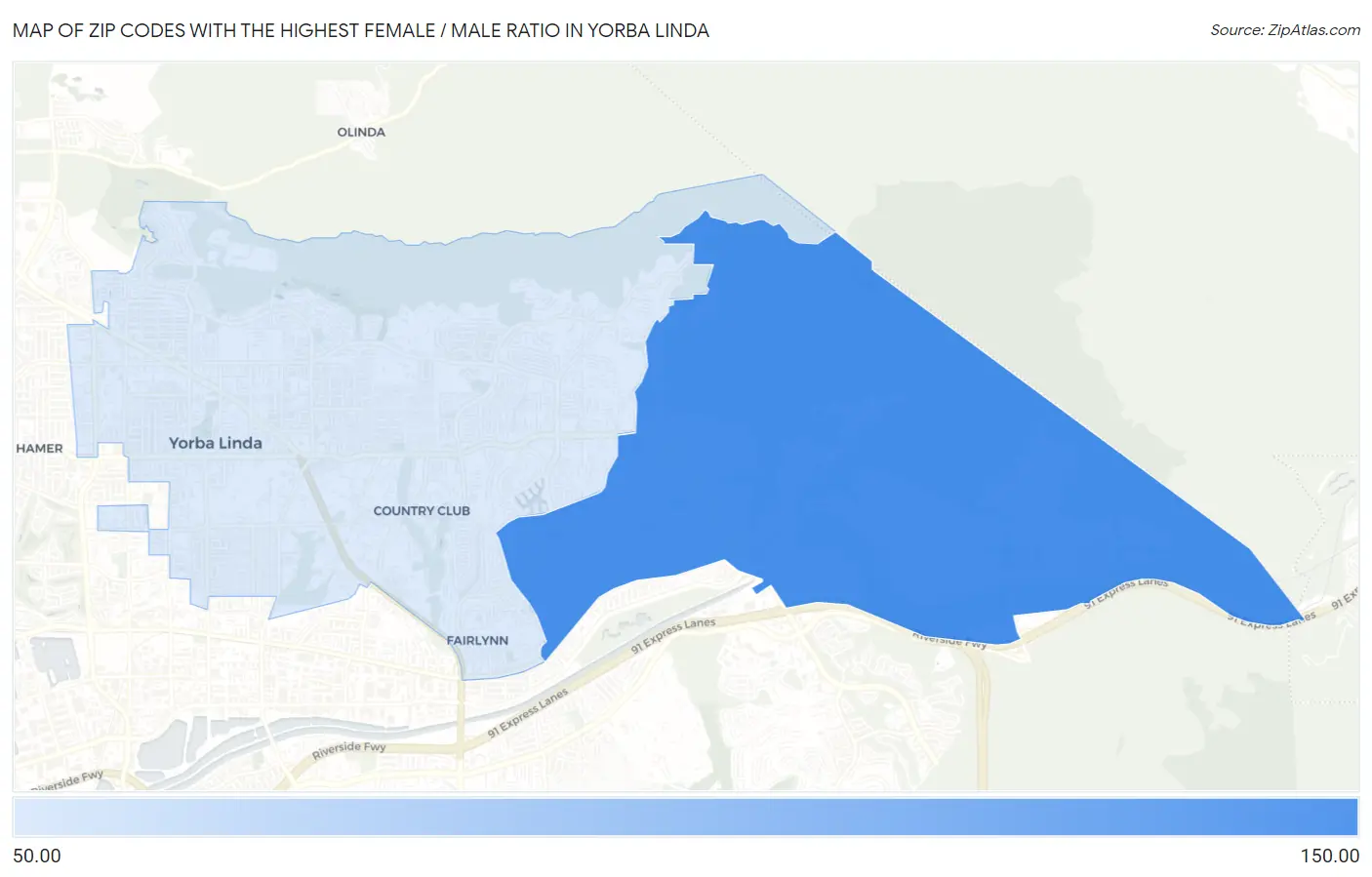 Zip Codes with the Highest Female / Male Ratio in Yorba Linda Map