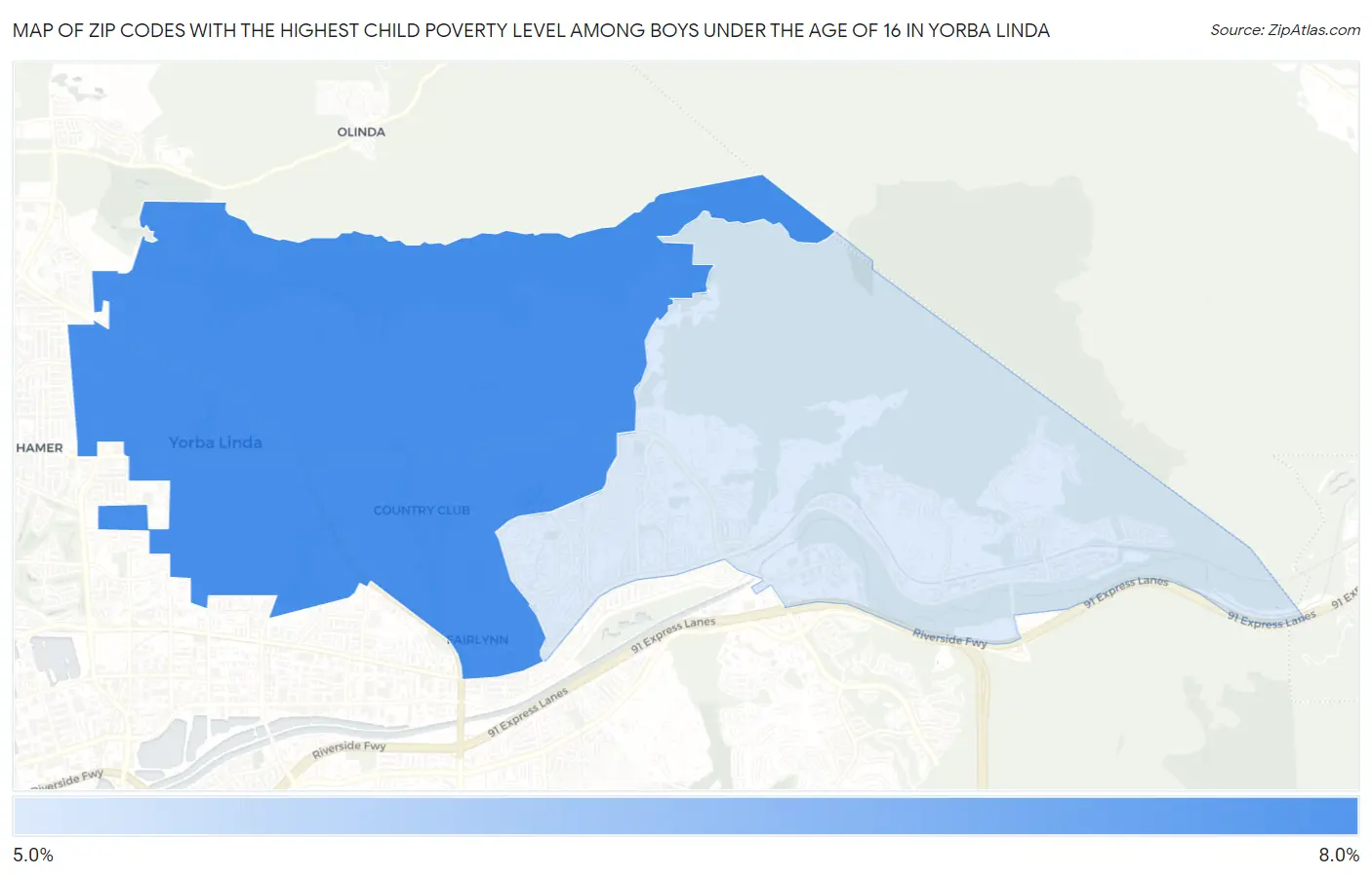 Zip Codes with the Highest Child Poverty Level Among Boys Under the Age of 16 in Yorba Linda Map