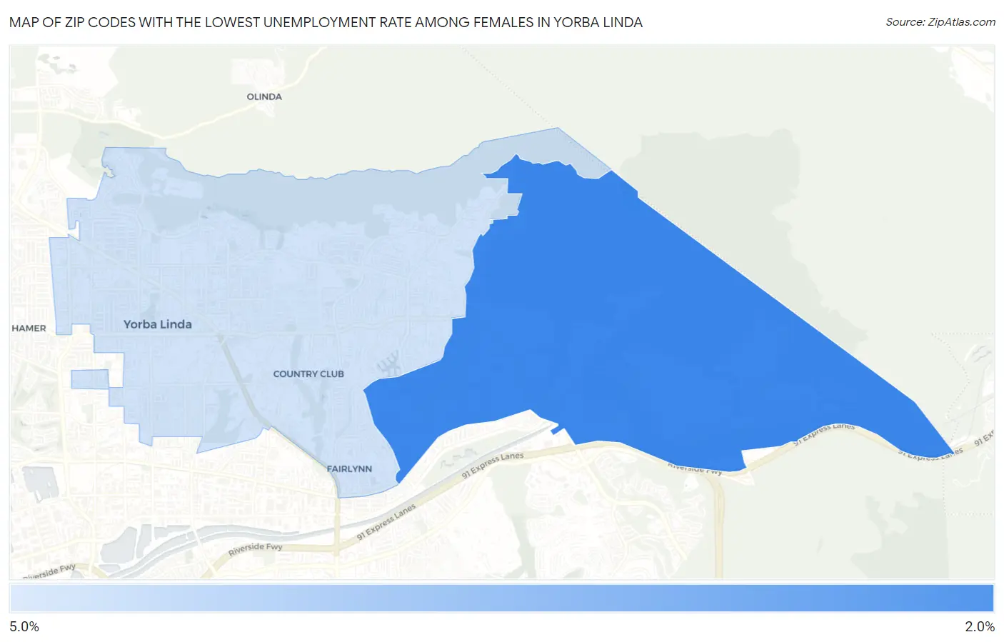 Zip Codes with the Lowest Unemployment Rate Among Females in Yorba Linda Map