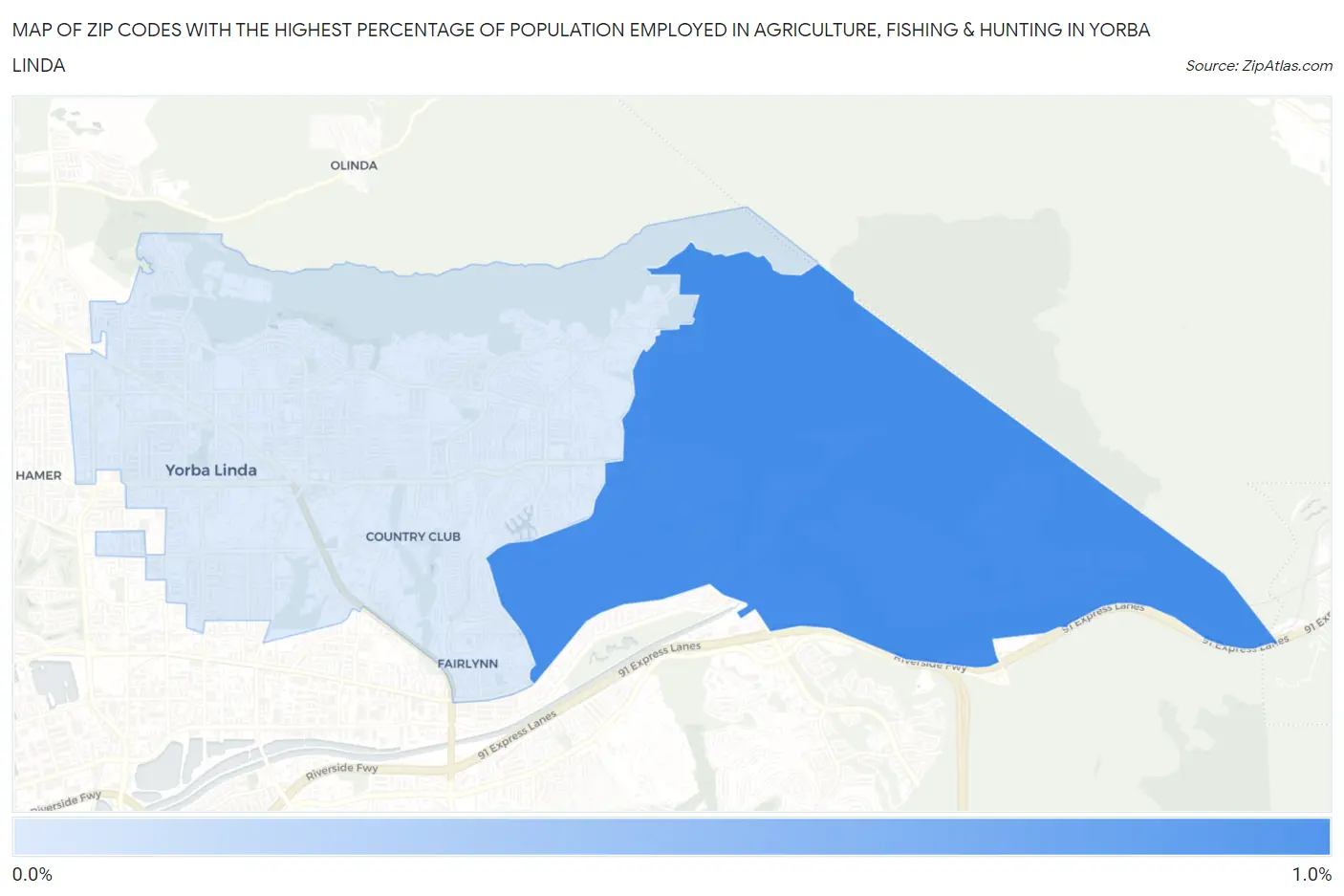 Zip Codes with the Highest Percentage of Population Employed in Agriculture, Fishing & Hunting in Yorba Linda Map