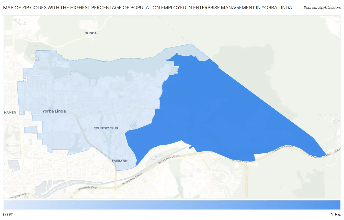 Zip Codes with the Highest Percentage of Population Employed in Enterprise Management in Yorba Linda Map