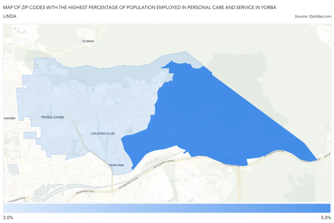 Zip Codes with the Highest Percentage of Population Employed in Personal Care and Service in Yorba Linda Map