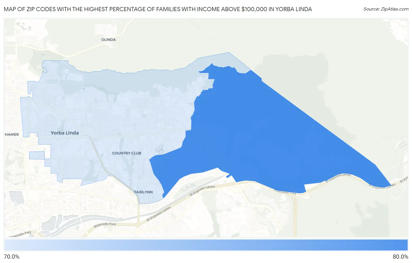Zip Codes with the Highest Percentage of Families with Income Above $100,000 in Yorba Linda Map
