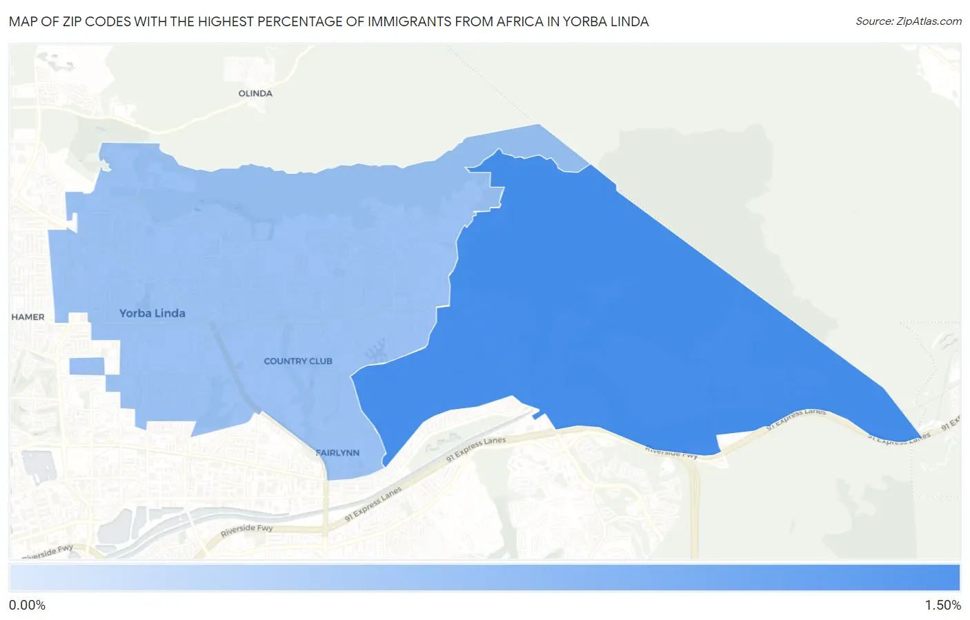 Zip Codes with the Highest Percentage of Immigrants from Africa in Yorba Linda Map
