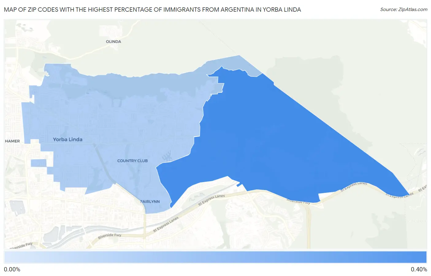Zip Codes with the Highest Percentage of Immigrants from Argentina in Yorba Linda Map