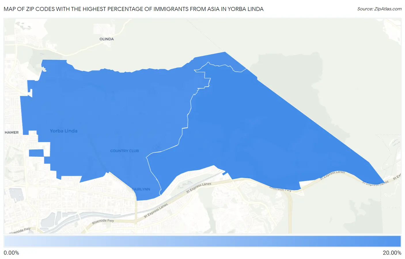 Zip Codes with the Highest Percentage of Immigrants from Asia in Yorba Linda Map