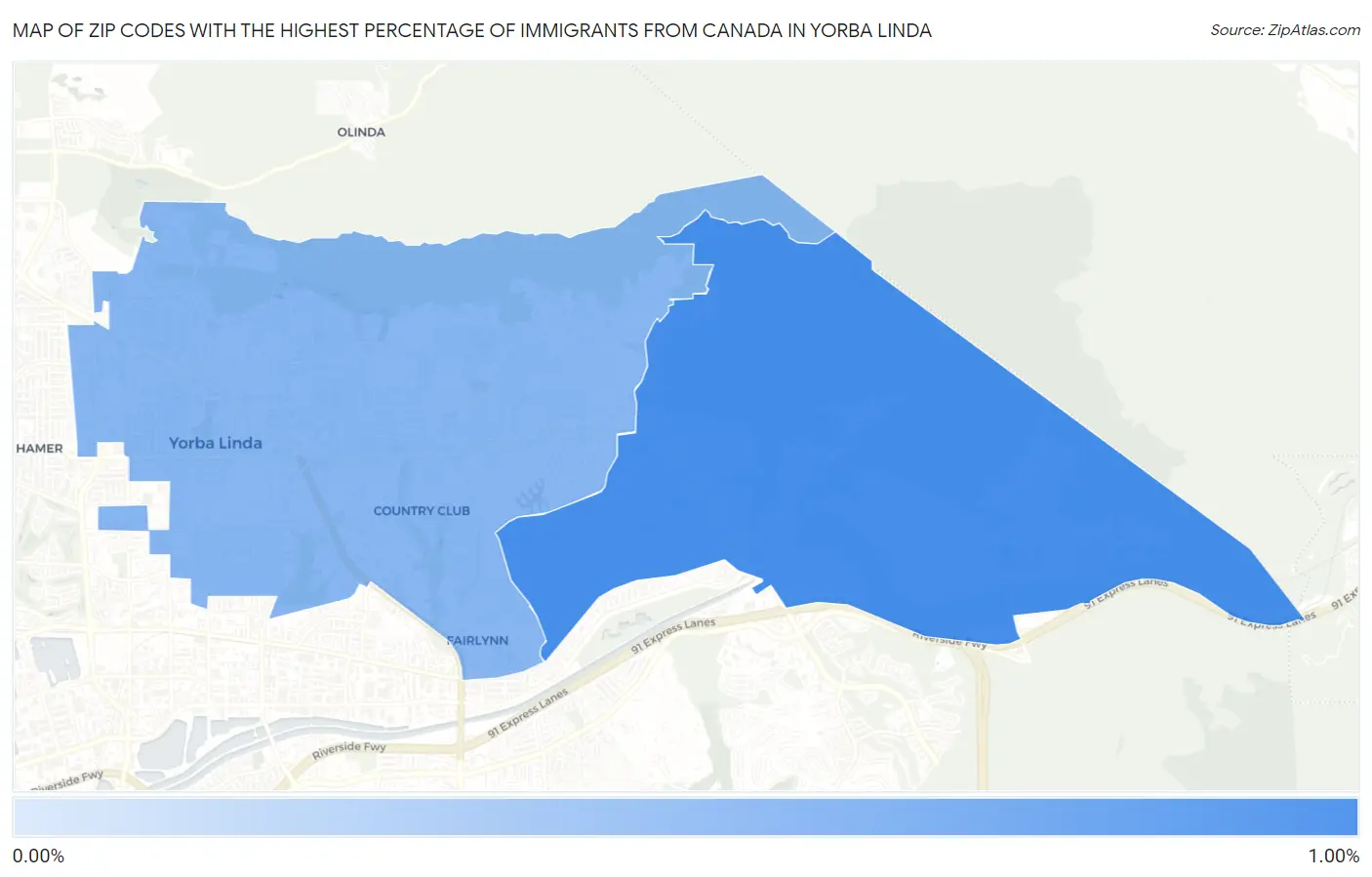 Zip Codes with the Highest Percentage of Immigrants from Canada in Yorba Linda Map