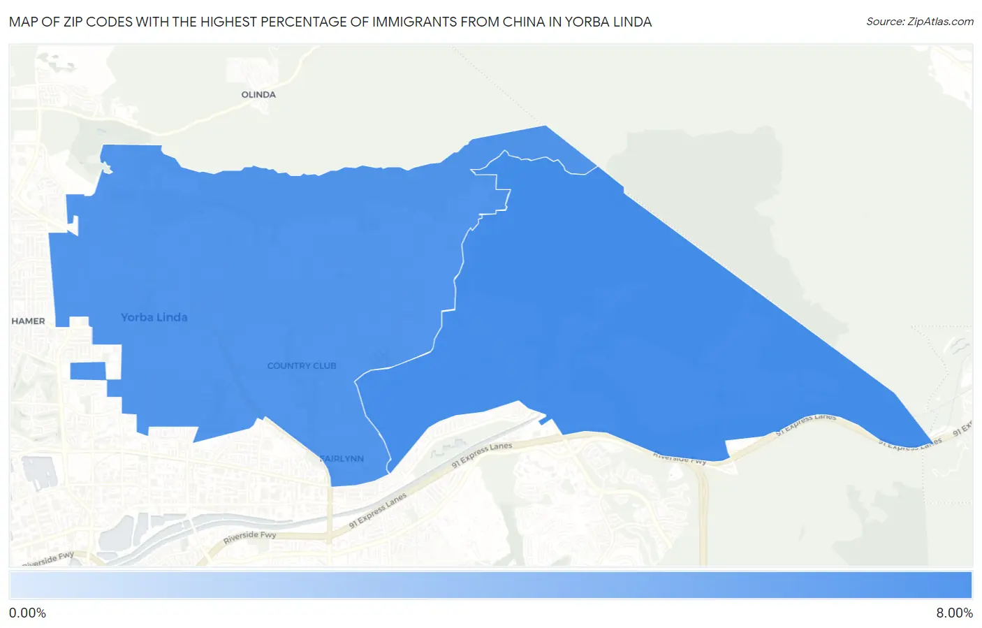 Zip Codes with the Highest Percentage of Immigrants from China in Yorba Linda Map