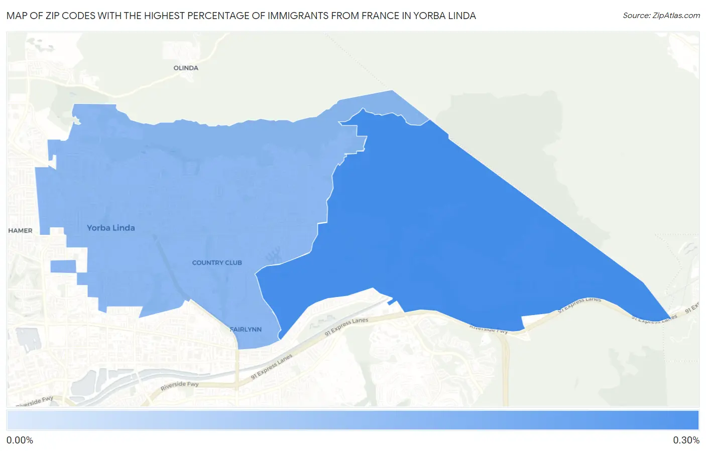 Zip Codes with the Highest Percentage of Immigrants from France in Yorba Linda Map