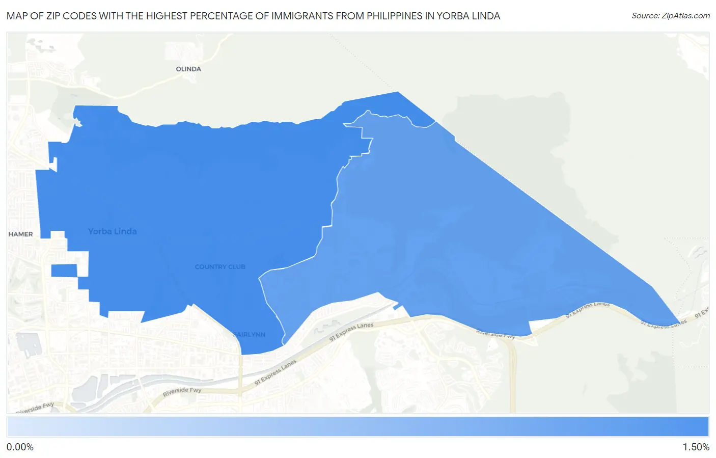 Zip Codes with the Highest Percentage of Immigrants from Philippines in Yorba Linda Map