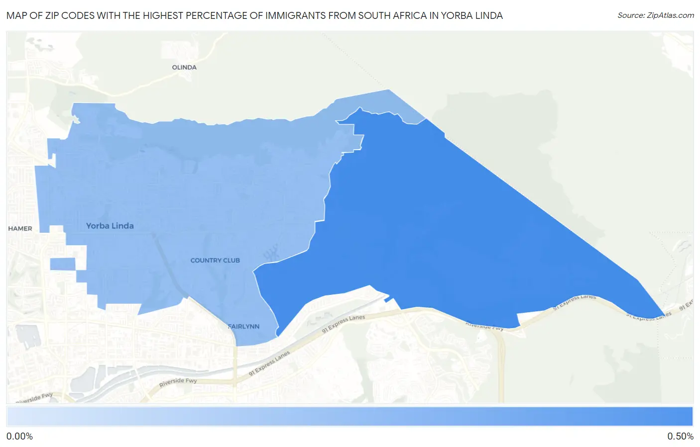 Zip Codes with the Highest Percentage of Immigrants from South Africa in Yorba Linda Map