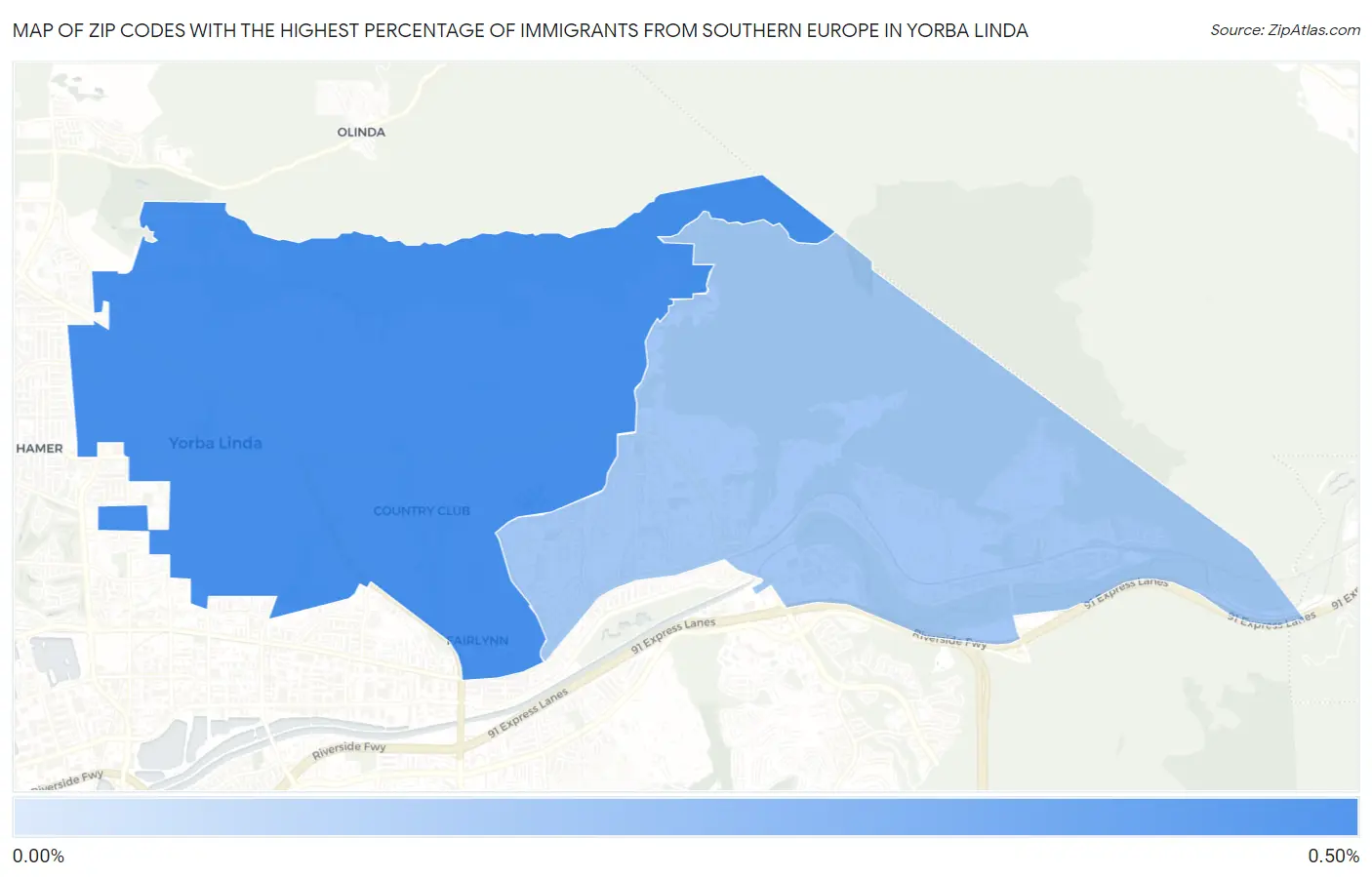 Zip Codes with the Highest Percentage of Immigrants from Southern Europe in Yorba Linda Map