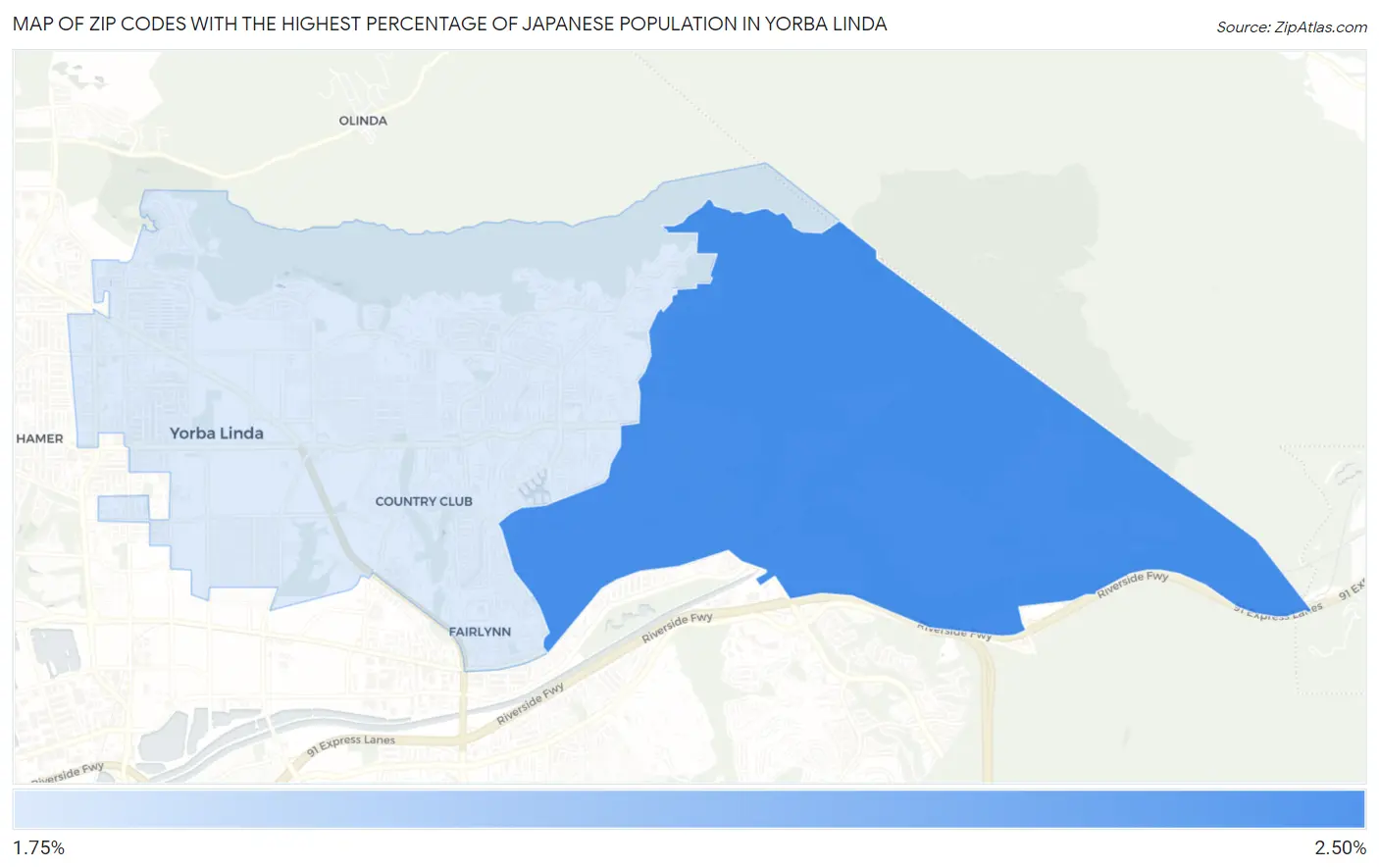 Zip Codes with the Highest Percentage of Japanese Population in Yorba Linda Map