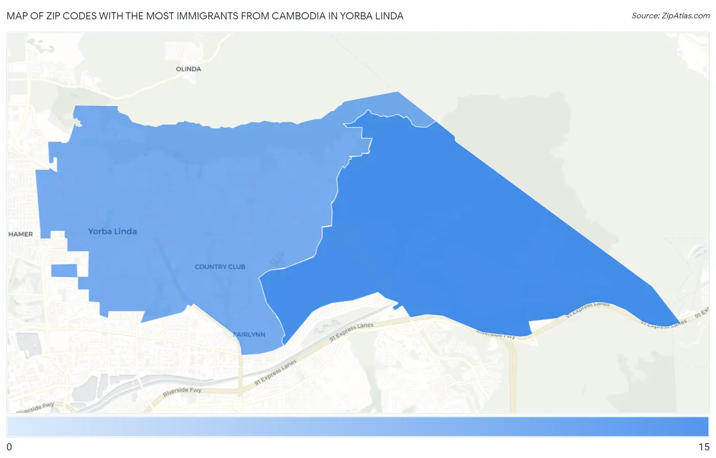Zip Codes with the Most Immigrants from Cambodia in Yorba Linda Map