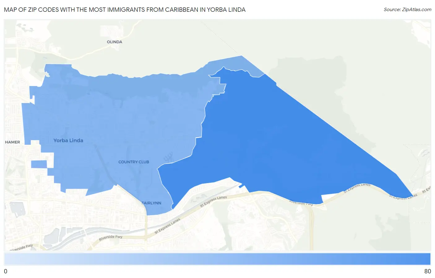 Zip Codes with the Most Immigrants from Caribbean in Yorba Linda Map