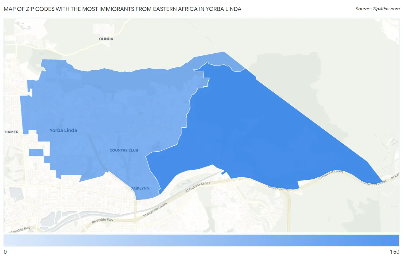 Zip Codes with the Most Immigrants from Eastern Africa in Yorba Linda Map