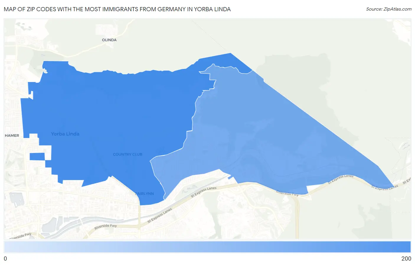 Zip Codes with the Most Immigrants from Germany in Yorba Linda Map