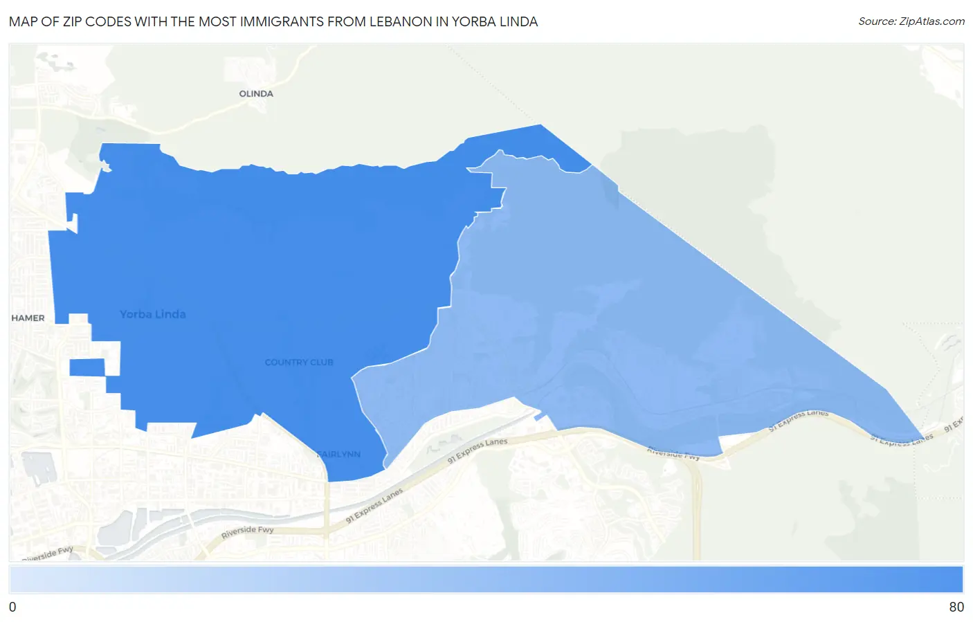 Zip Codes with the Most Immigrants from Lebanon in Yorba Linda Map