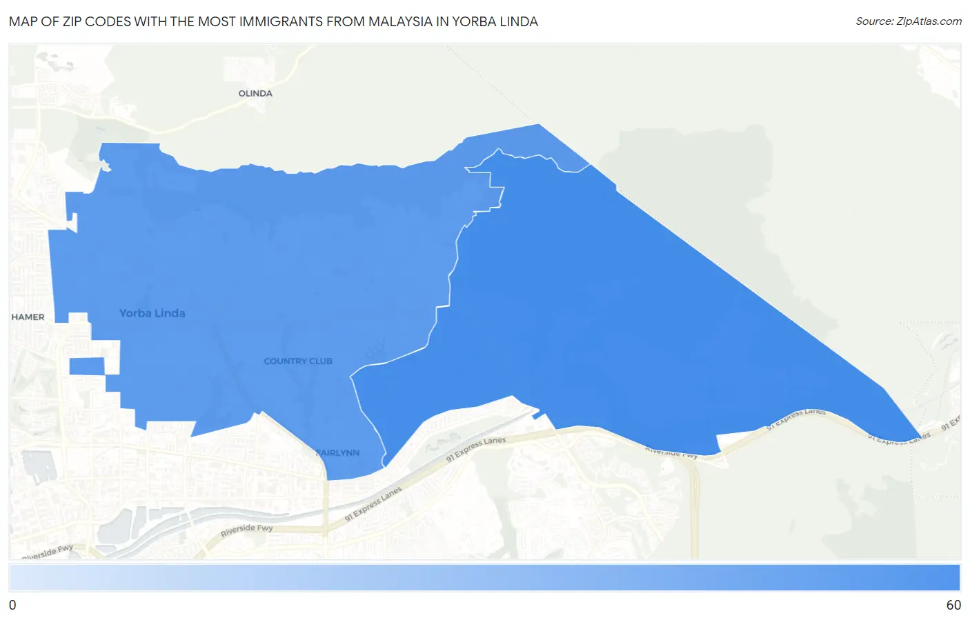 Zip Codes with the Most Immigrants from Malaysia in Yorba Linda Map