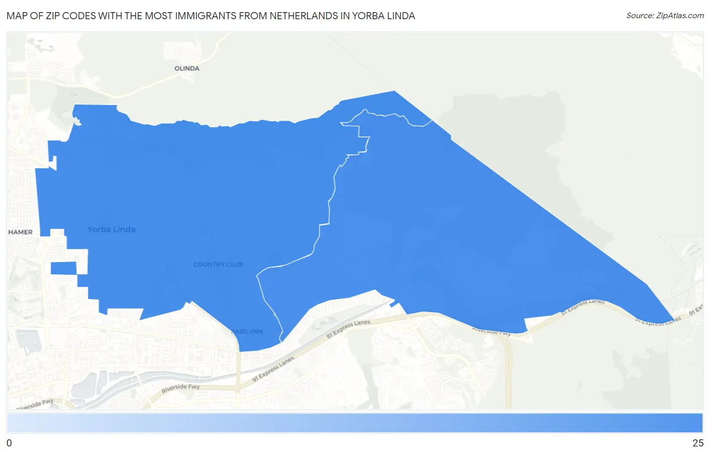 Zip Codes with the Most Immigrants from Netherlands in Yorba Linda Map