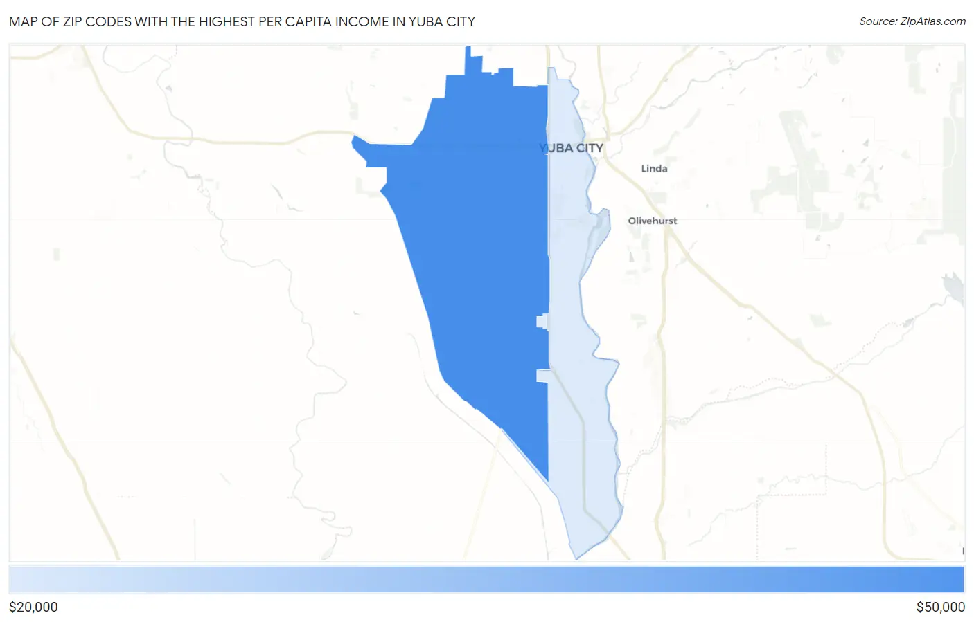 Zip Codes with the Highest Per Capita Income in Yuba City Map