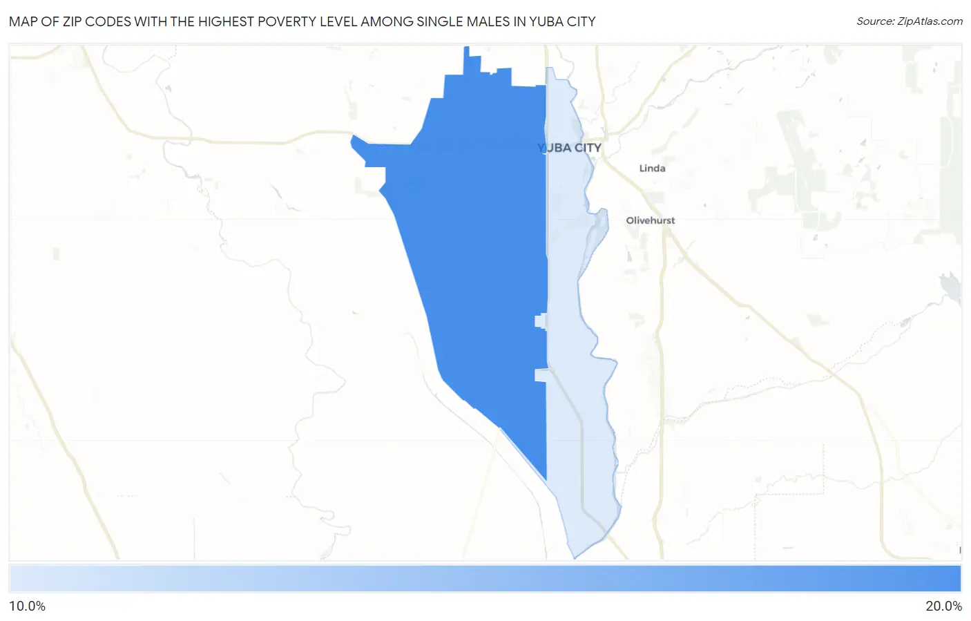 Zip Codes with the Highest Poverty Level Among Single Males in Yuba City Map