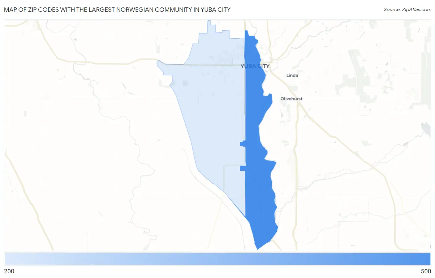 Zip Codes with the Largest Norwegian Community in Yuba City Map