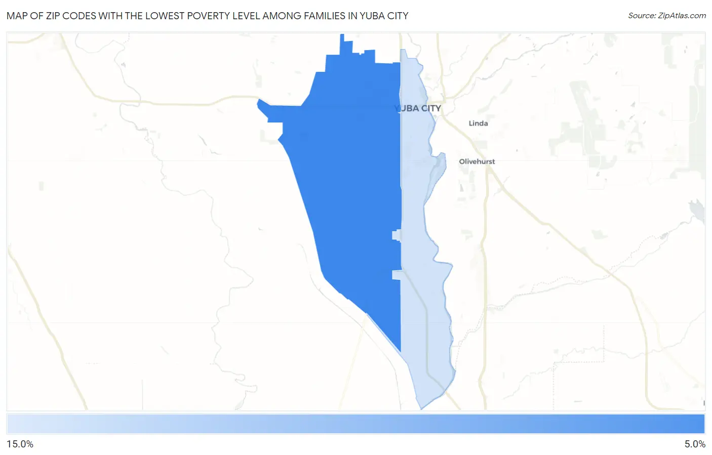 Zip Codes with the Lowest Poverty Level Among Families in Yuba City Map