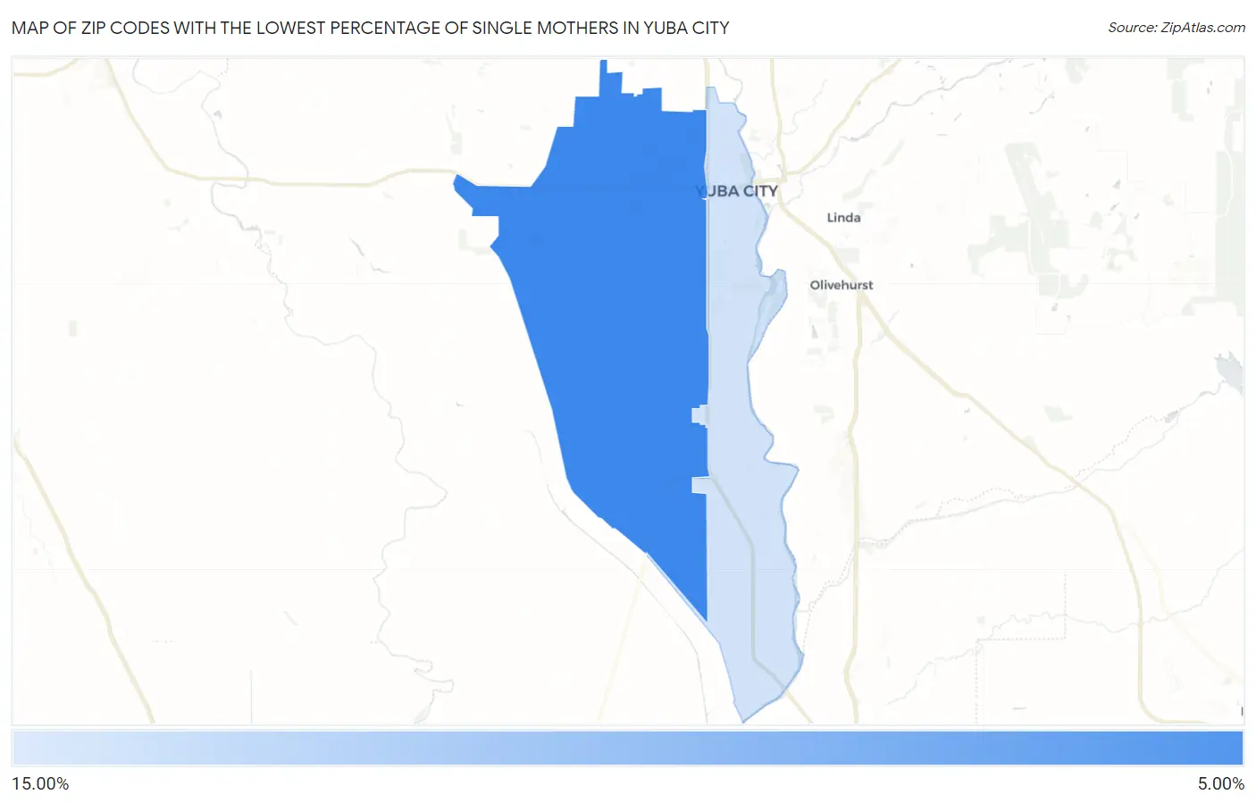 Zip Codes with the Lowest Percentage of Single Mothers in Yuba City Map