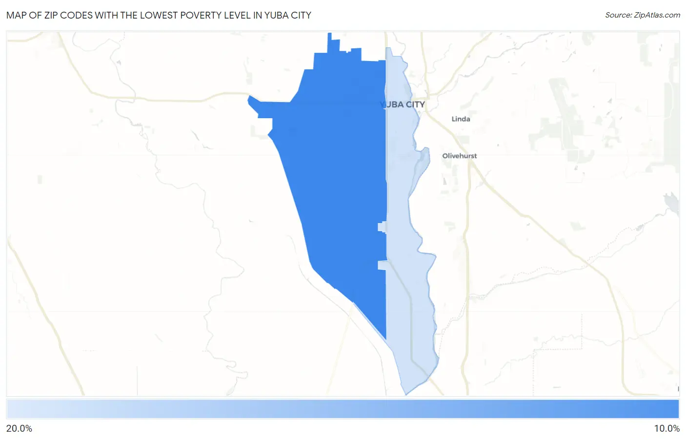 Zip Codes with the Lowest Poverty Level in Yuba City Map