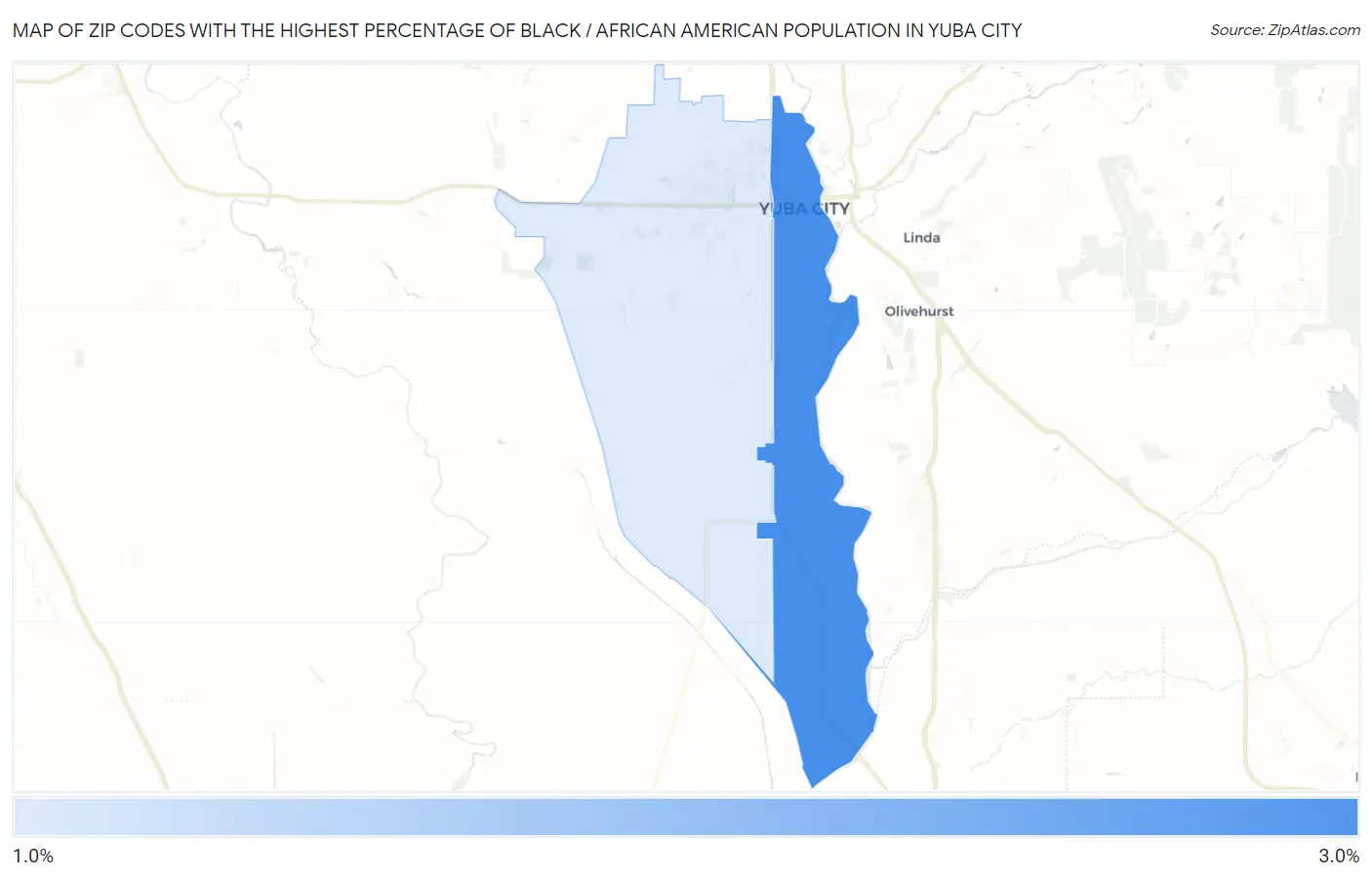 Zip Codes with the Highest Percentage of Black / African American Population in Yuba City Map