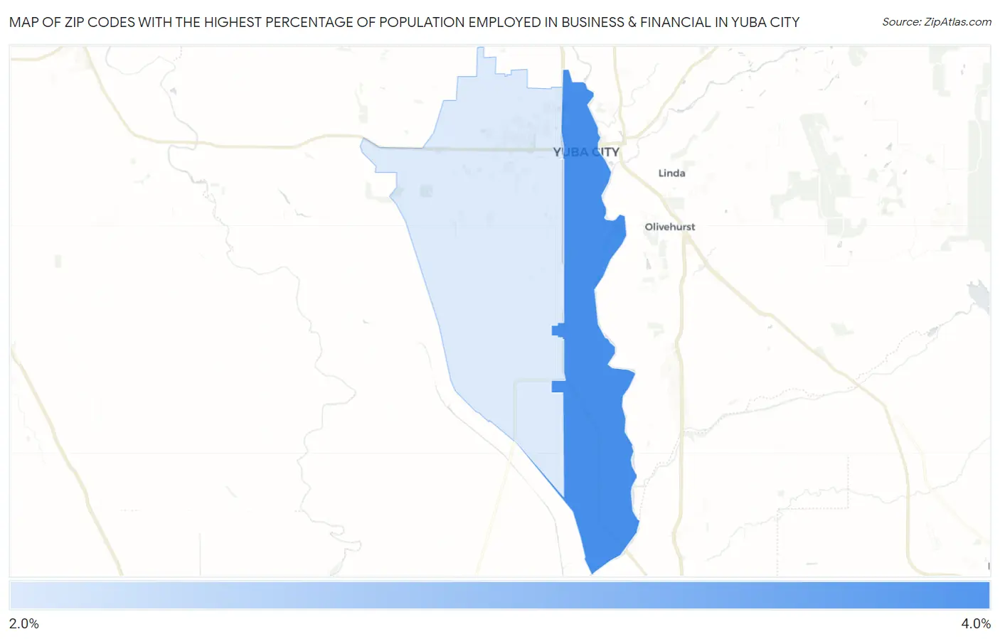 Zip Codes with the Highest Percentage of Population Employed in Business & Financial in Yuba City Map