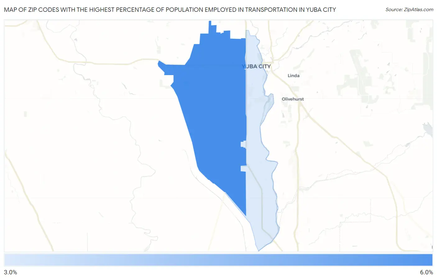 Zip Codes with the Highest Percentage of Population Employed in Transportation in Yuba City Map