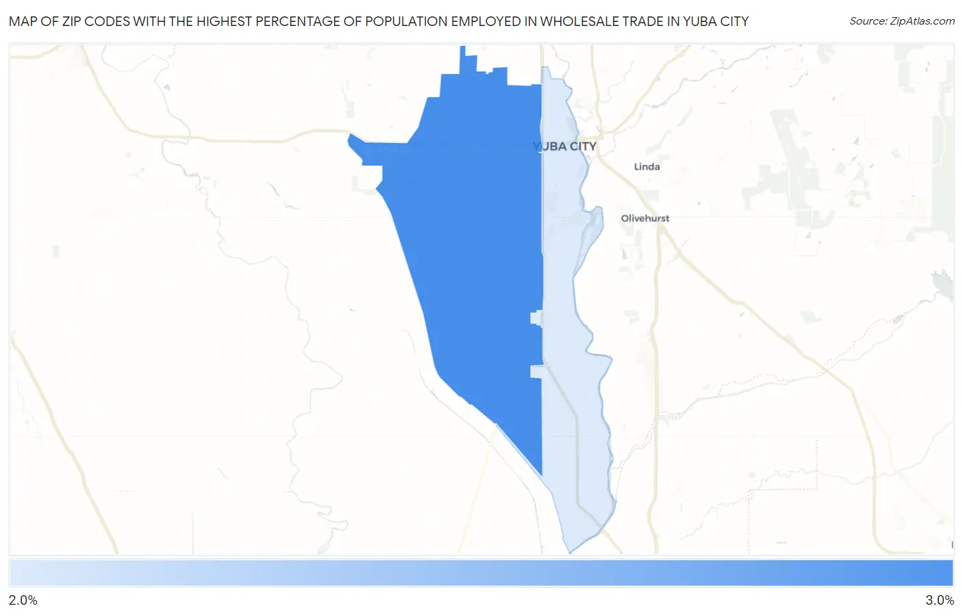 Zip Codes with the Highest Percentage of Population Employed in Wholesale Trade in Yuba City Map