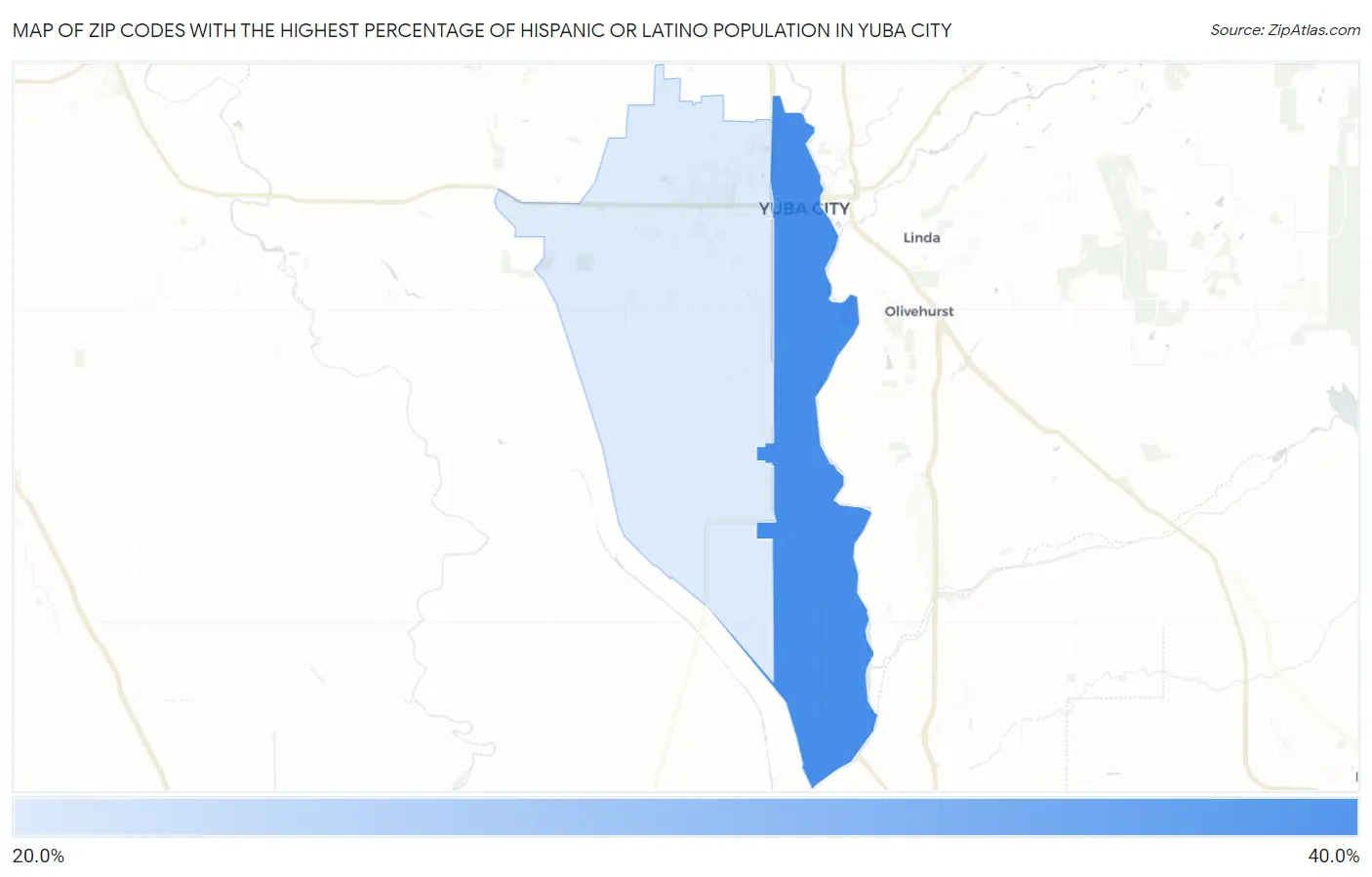 Zip Codes with the Highest Percentage of Hispanic or Latino Population in Yuba City Map