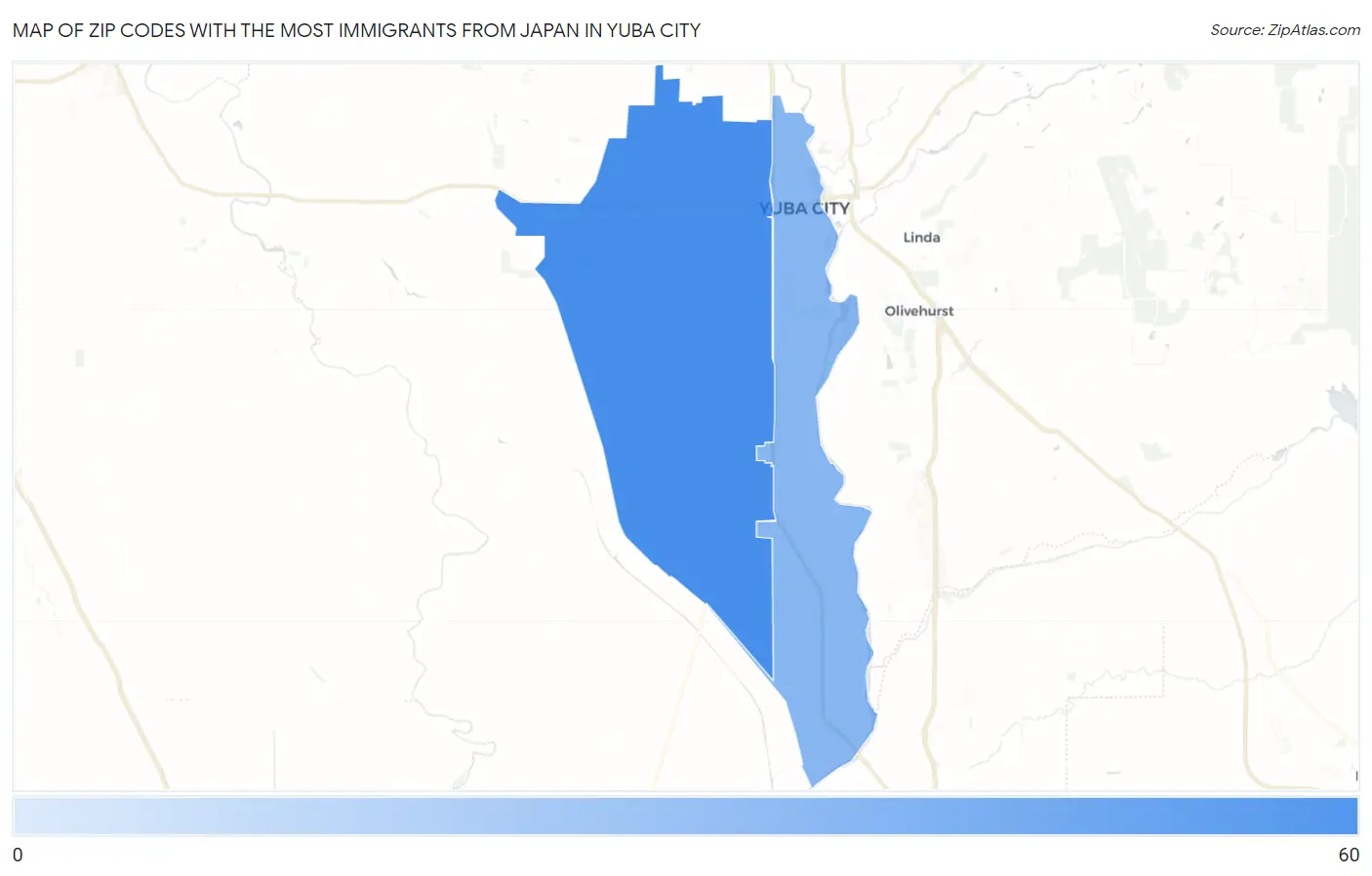 Zip Codes with the Most Immigrants from Japan in Yuba City Map