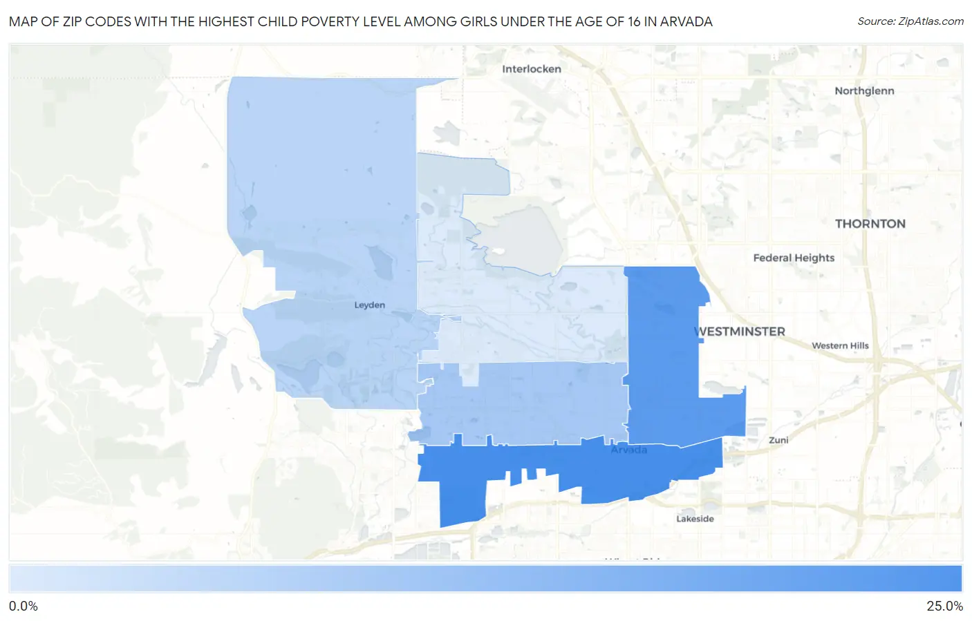Zip Codes with the Highest Child Poverty Level Among Girls Under the Age of 16 in Arvada Map