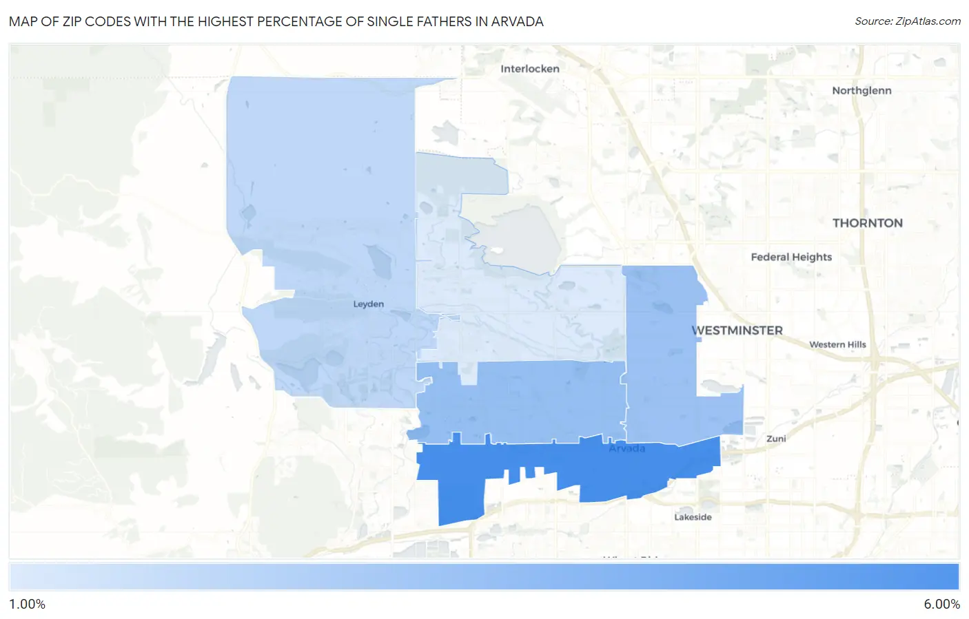 Zip Codes with the Highest Percentage of Single Fathers in Arvada Map