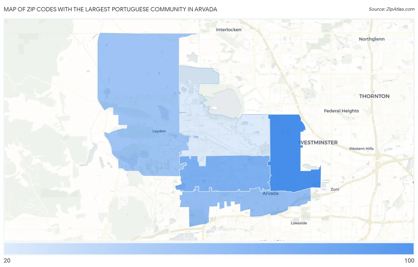 Zip Codes with the Largest Portuguese Community in Arvada Map