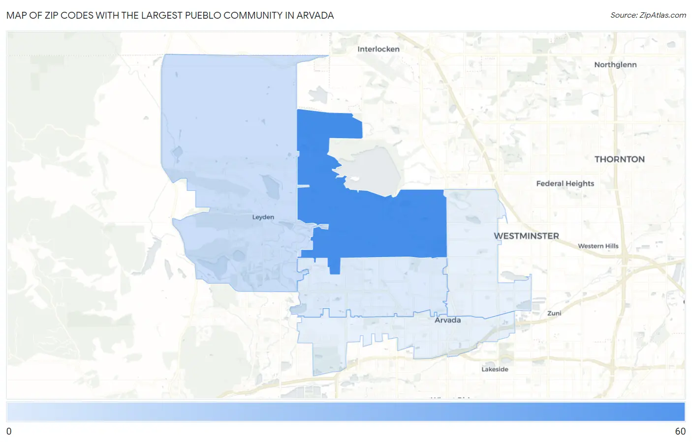 Zip Codes with the Largest Pueblo Community in Arvada Map