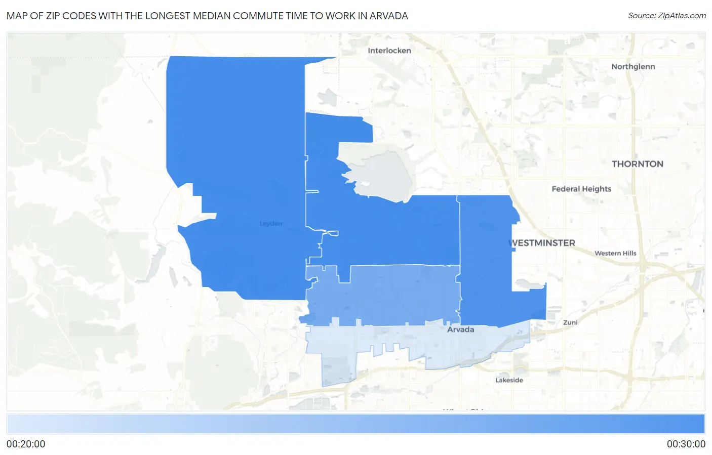 Zip Codes with the Longest Median Commute Time to Work in Arvada Map