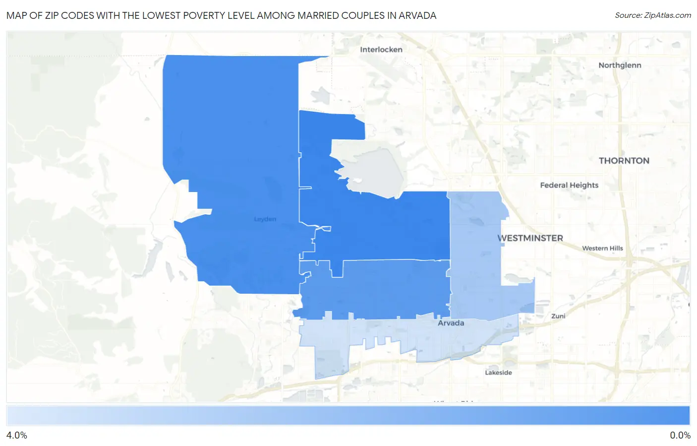 Zip Codes with the Lowest Poverty Level Among Married Couples in Arvada Map