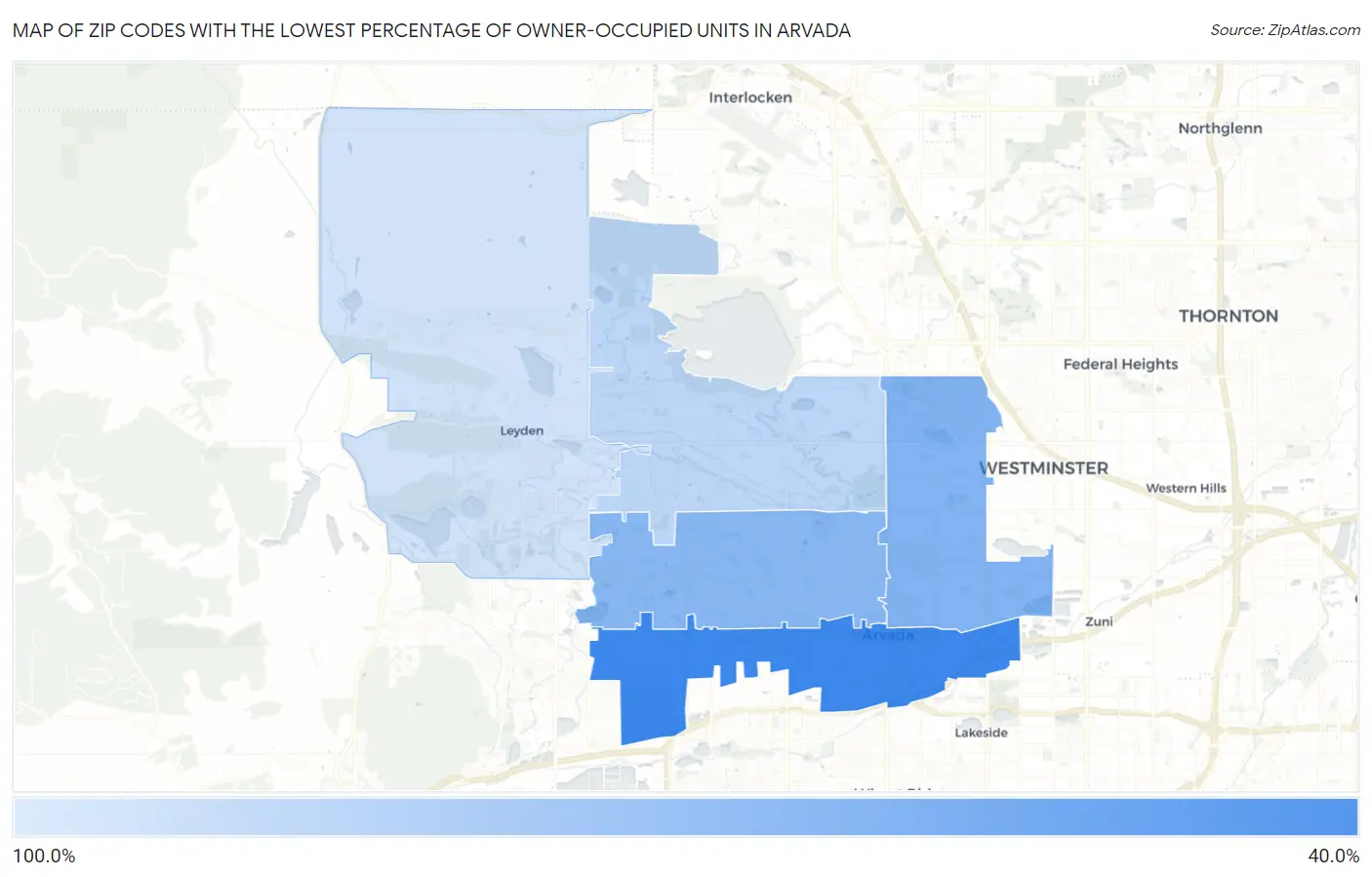 Zip Codes with the Lowest Percentage of Owner-Occupied Units in Arvada Map