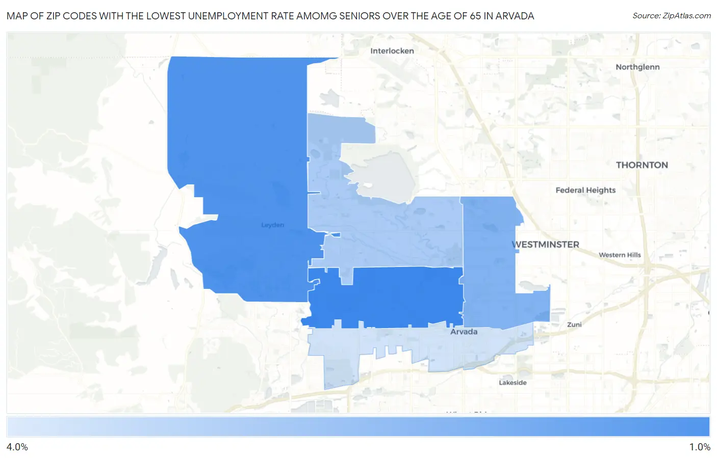 Zip Codes with the Lowest Unemployment Rate Amomg Seniors Over the Age of 65 in Arvada Map