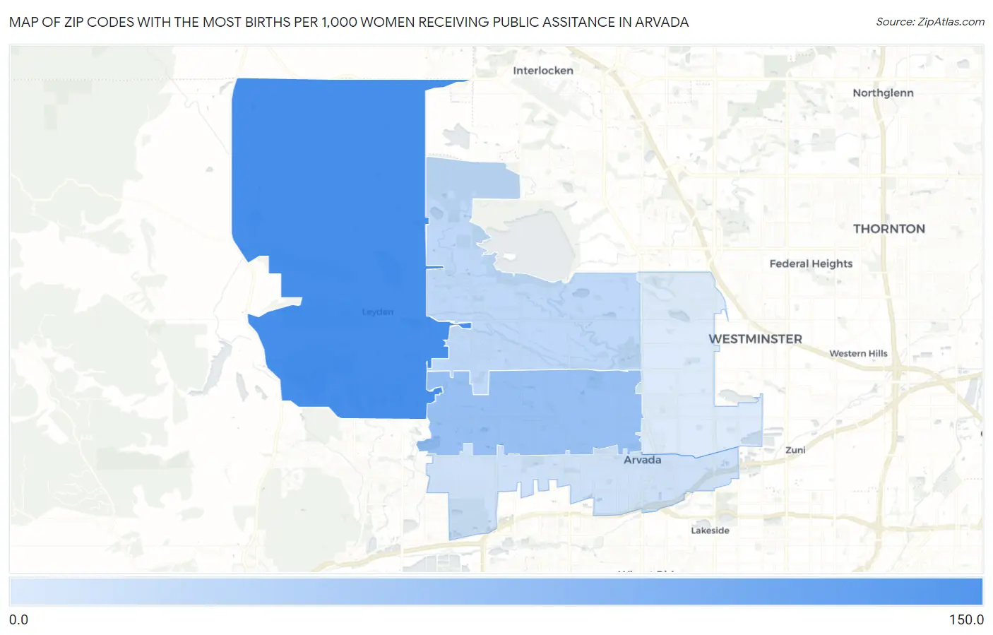 Zip Codes with the Most Births per 1,000 Women Receiving Public Assitance in Arvada Map