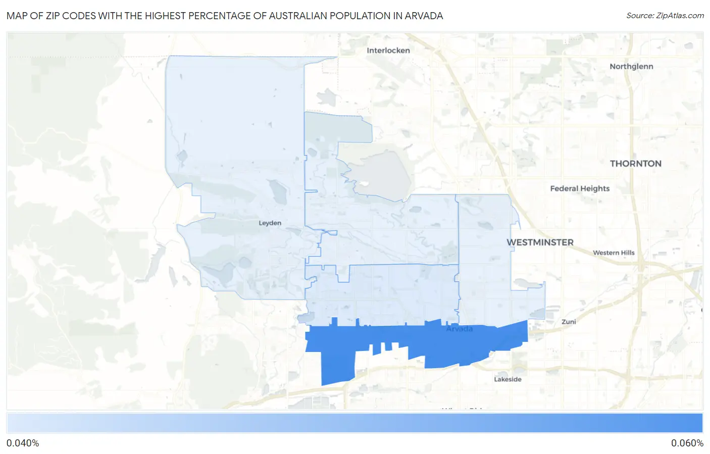 Zip Codes with the Highest Percentage of Australian Population in Arvada Map
