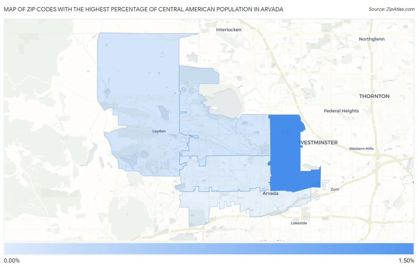 Zip Codes with the Highest Percentage of Central American Population in Arvada Map