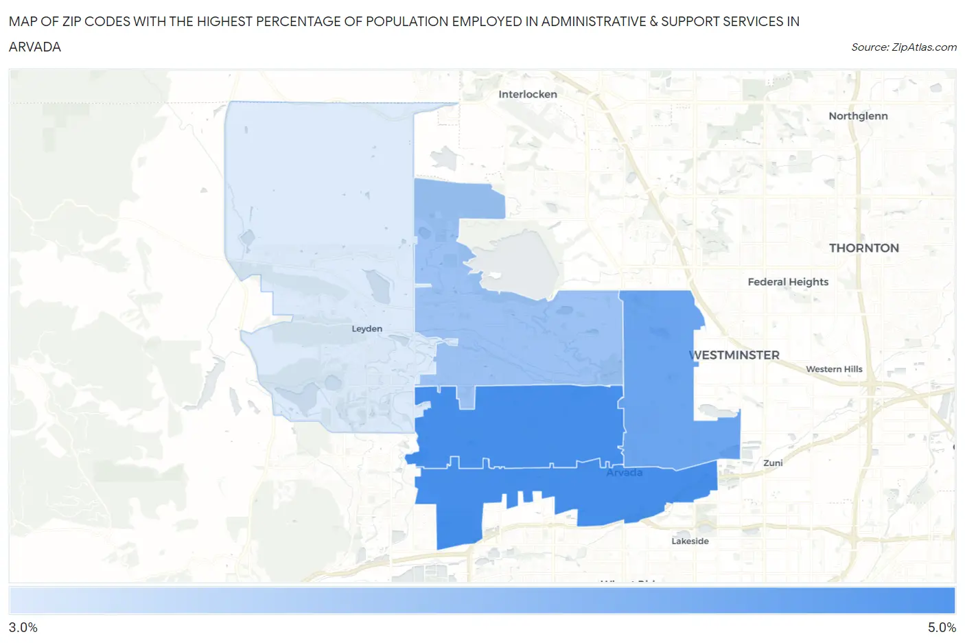 Zip Codes with the Highest Percentage of Population Employed in Administrative & Support Services in Arvada Map