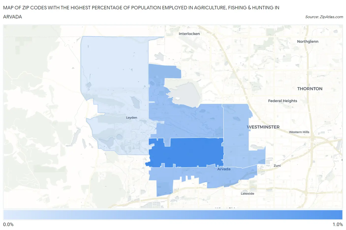Zip Codes with the Highest Percentage of Population Employed in Agriculture, Fishing & Hunting in Arvada Map