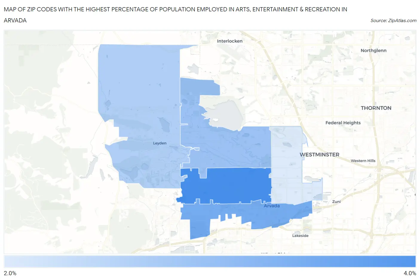 Zip Codes with the Highest Percentage of Population Employed in Arts, Entertainment & Recreation in Arvada Map